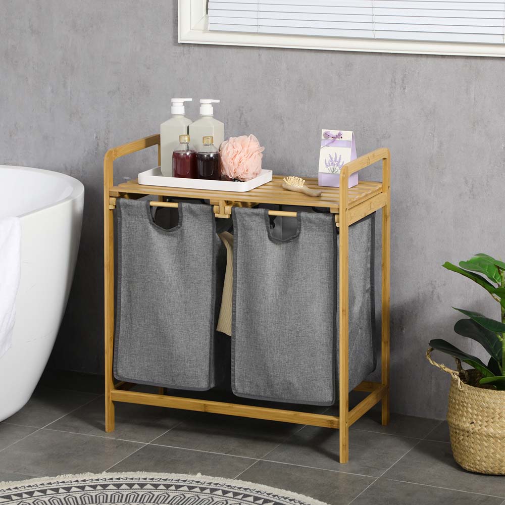 Portland Grey Bamboo Laundry Hamper with Top Shelf Image 2