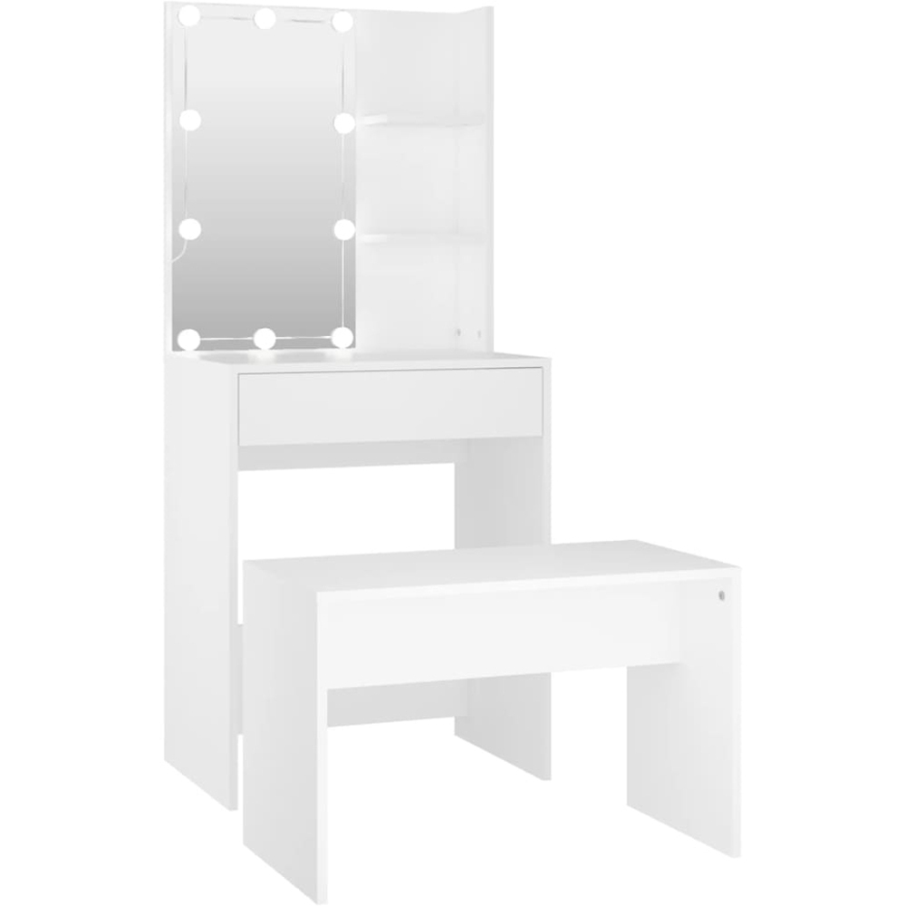 vidaXL White Wooden Dressing Table and Stool Set with LED Mirror Image 2