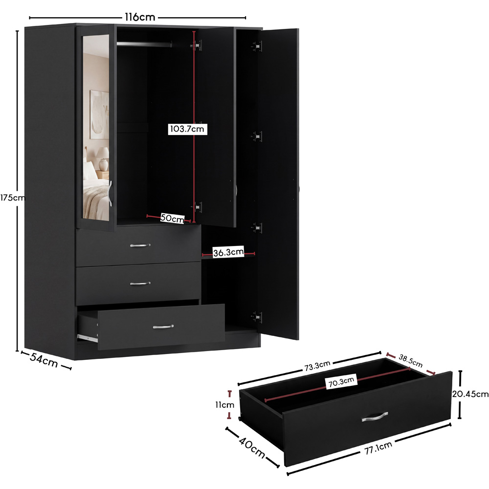 VIDA DESIGNS Riano 3 Door 3 Drawer Black Mirrored Wardrobe Image 9