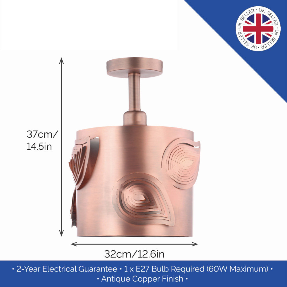 Happy Homewares Modern Designer Antique Copper Semi Flush Ceiling Light with Laser Cut Leaves Image 7