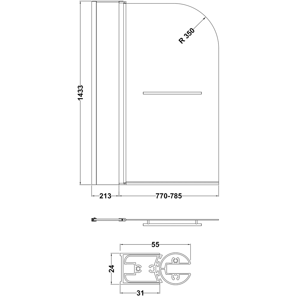 nuie Polished Chrome Round Bath Screen Fixed Panel and Rail 1005mm Image 3