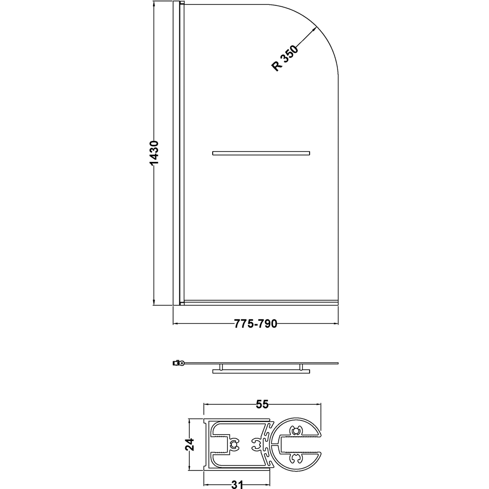 nuie Polished Chrome Round Bath Screen with Rail 790mm Image 3