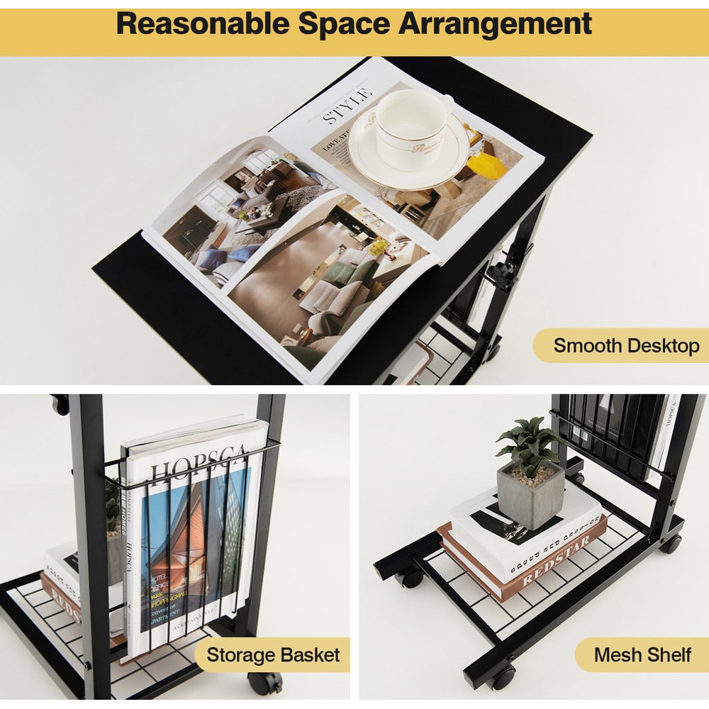 Costway Black C Shape Adjustable End Table with Storage Basket Image 9
