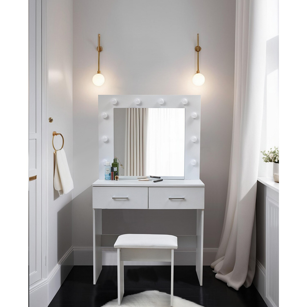 2 Drawer White Vanity Dressing Table Set with LED Mirror Image 2
