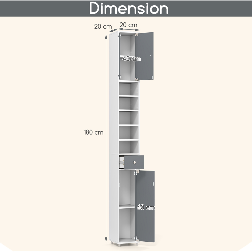 Costway Single Drawer 2 Door 5 Shelf Grey and White Tall Freestanding Bathroom Cabinet Image 8