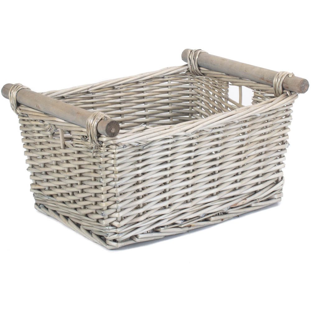 Red Hamper Grey Wash Wooden Handled Medium Wicker Storage Basket Image 1