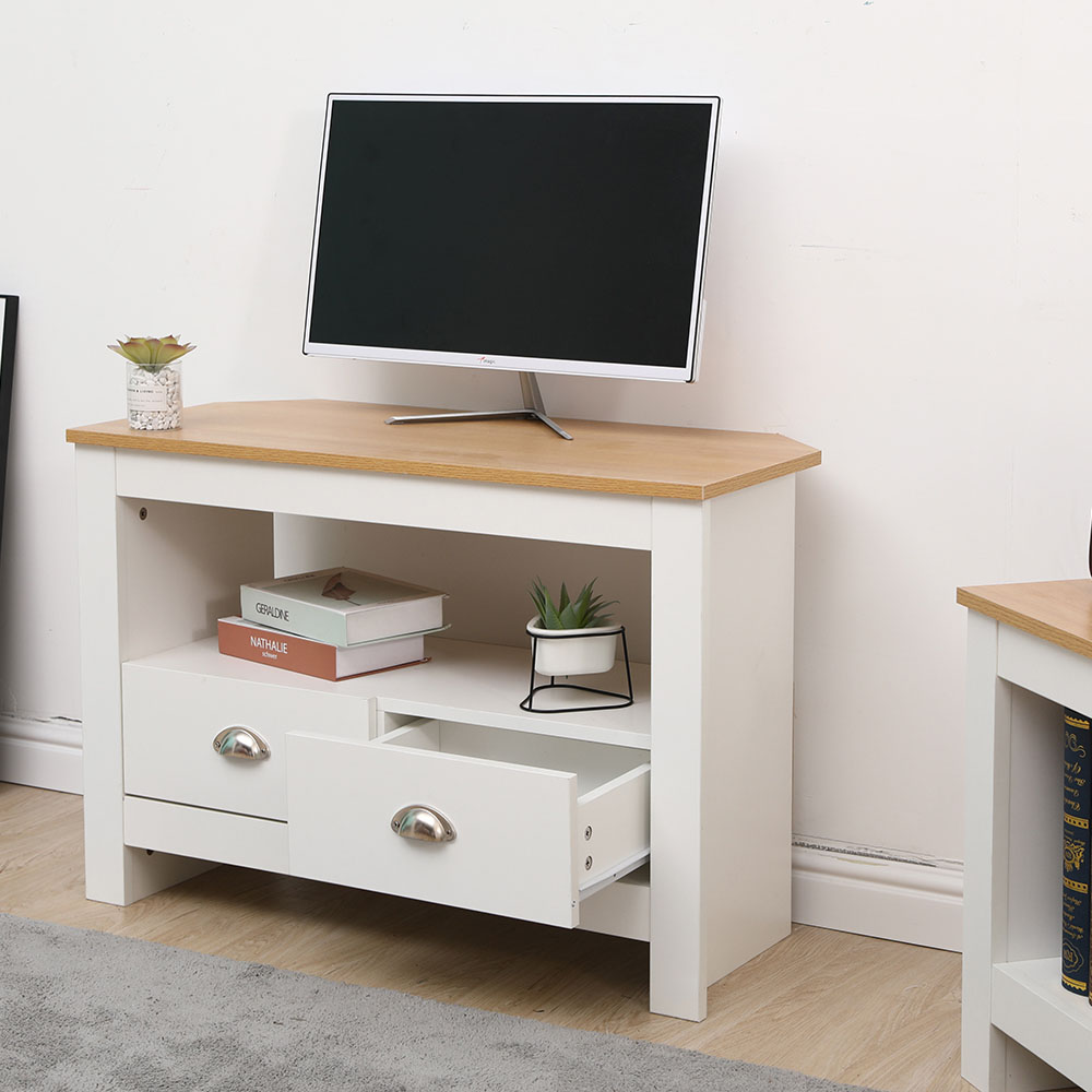 FurnitureHMD 2 Drawer Single Shelf White and Oak Effect Wooden Corner TV Unit Image 7