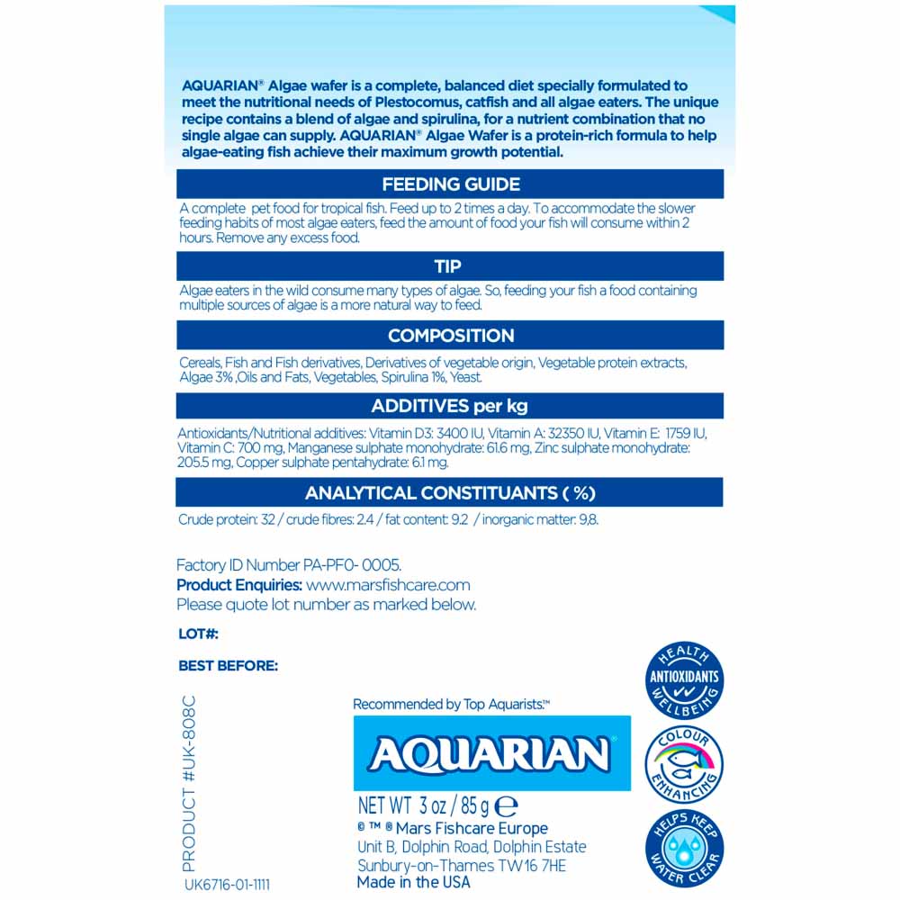 Aquarian Advanced Nutrition Algae Wafer Fish Food 85g Image 3