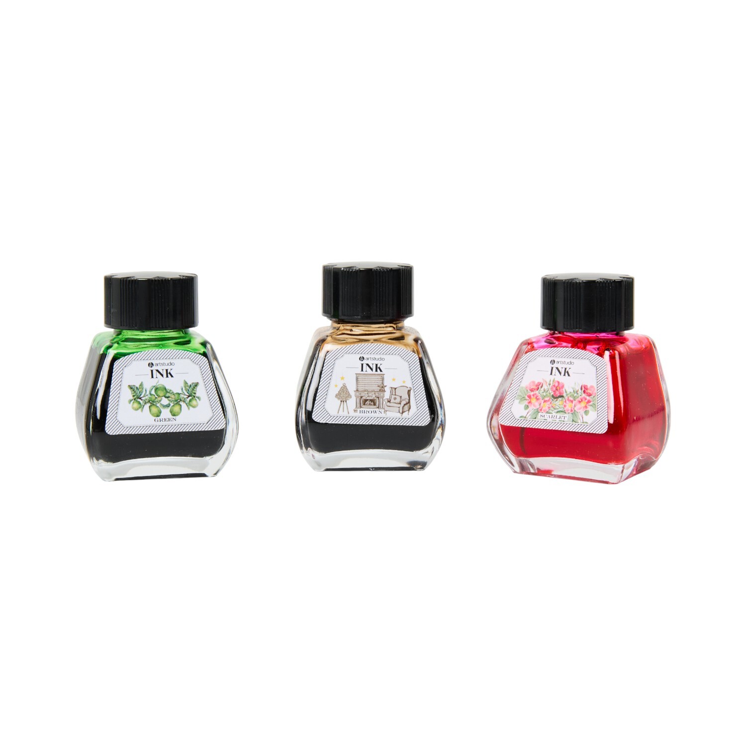 Pack of 3 Green Brown and Scarlet Ink Pots | Wilko
