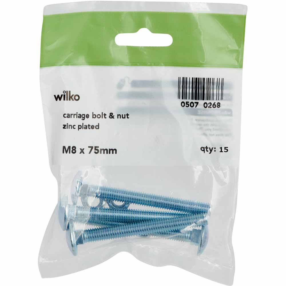 Wilko M8 x 75mm Carriage Bolts and Nuts 15 Pack Image