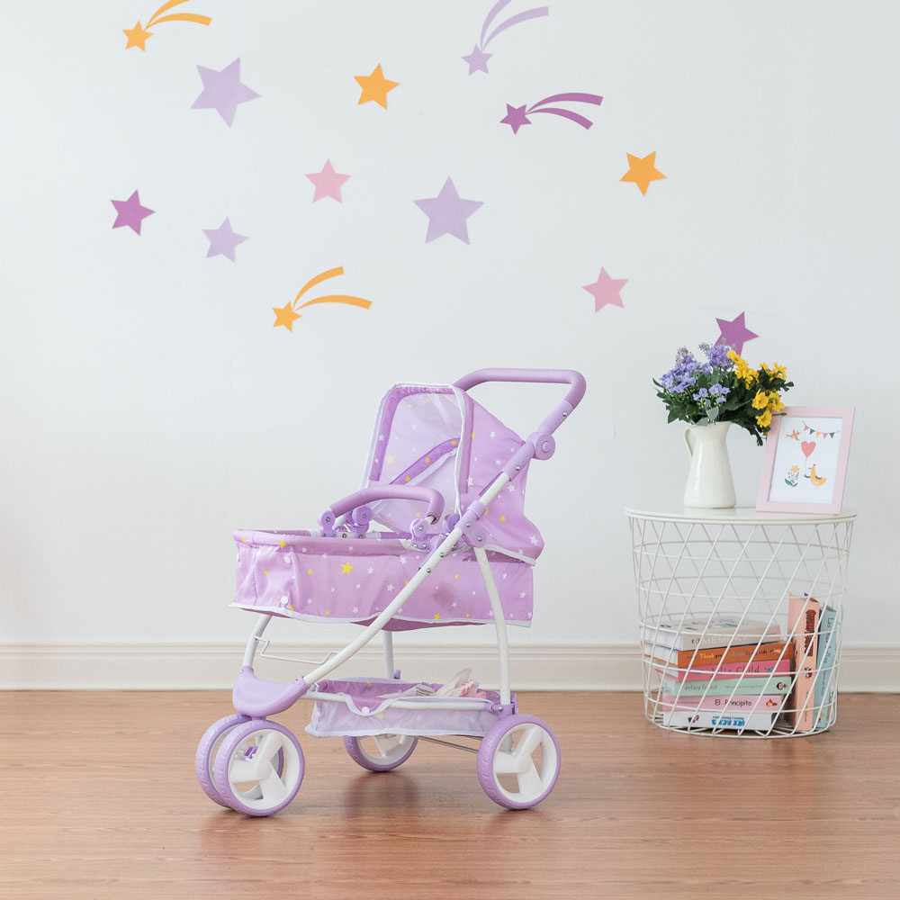Teamson Kids Olivia's Little World Purple Twinkle Stars Princess 2-in-1 Baby Doll Stroller Image 5