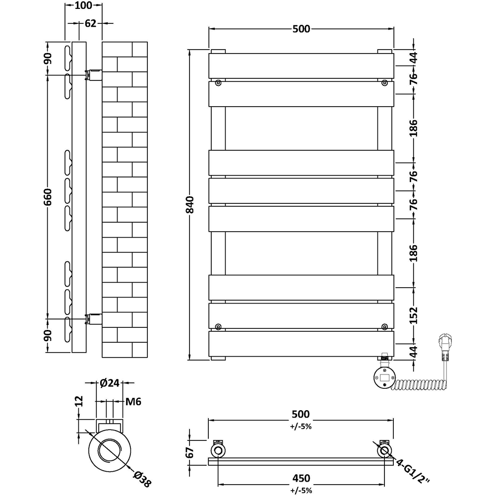 nuie Hudson Reed Anthracite Electric Square Flat Towel Rail 840 x 500mm Image 2