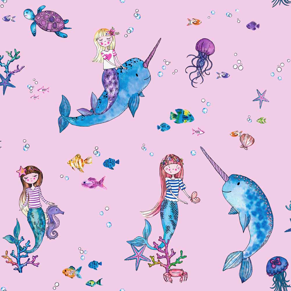Narwhals and Mermaids Pink Wallpaper Image 1