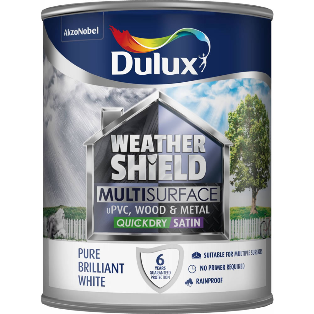Dulux Weathershield Pure Brilliant White Quick Dry  Satin Multi Surface Paint 750ml Image 1