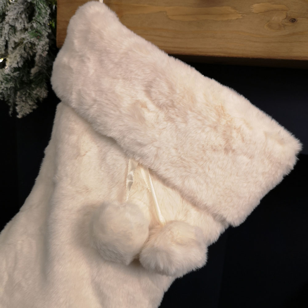 Samuel Alexander Winter White Faux Fur Hanging Christmas Stocking with Pom Poms 50cm Image 4