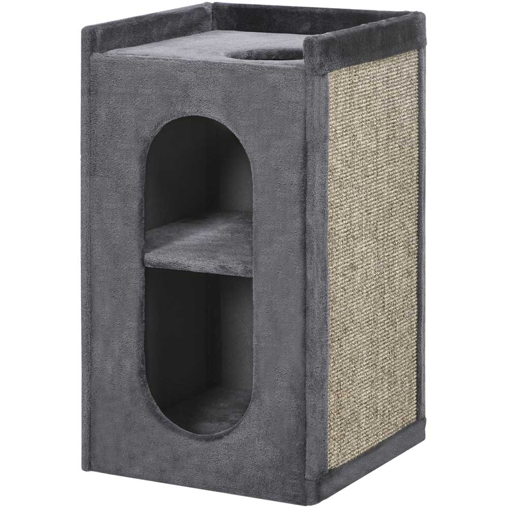PawHut 81cm Cat Scratching Barrel with Two Cat Houses for Indoor Cats - Grey Image 1
