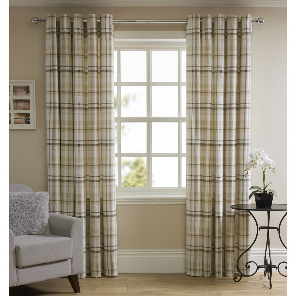 Wilko Natural Printed Check Curtains 228 W x 228cm D Image 1