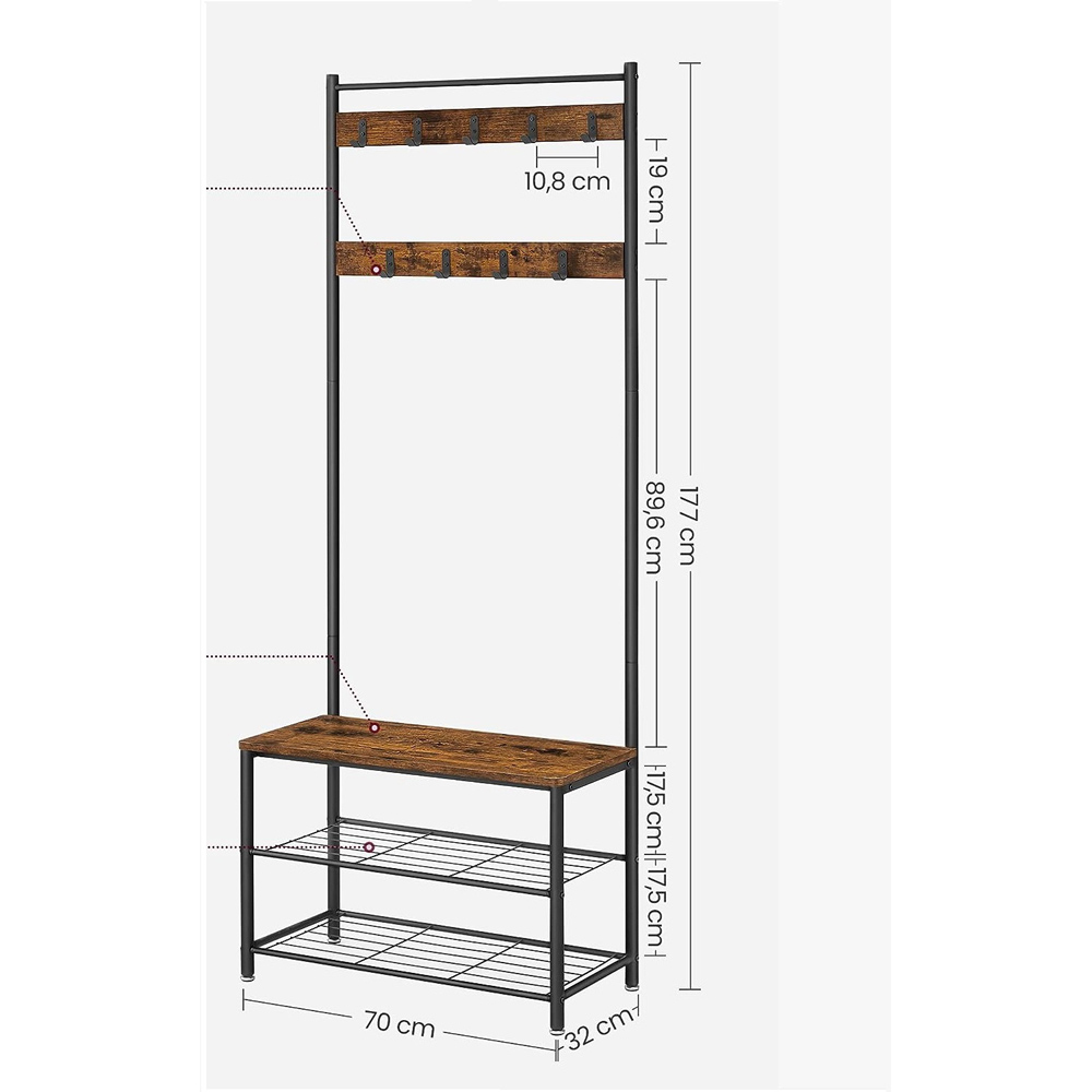 Modcraft 3-in-1 2 Shelf Industrial Coat Stand with Shoe Bench Image 3