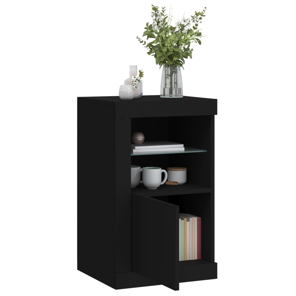vidaXL Single Door 2 Shelf Black Side Cabinet with LED Lights Set of 2 Image 4