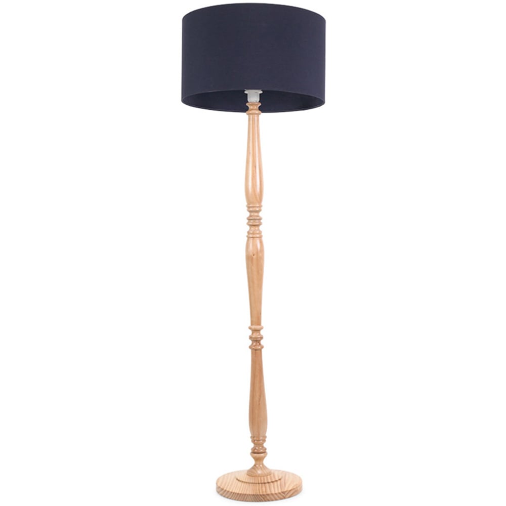 ValueLights Victoria Navy Blue Fabric Drum Shade Light Wood Traditional Stem LED Floor Lamp Image 1