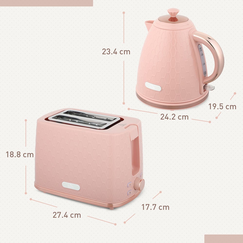 HOMCOM 800-181V70PK Light Pink 1.7L Kettle and 2 Slice Toaster Set Image 9