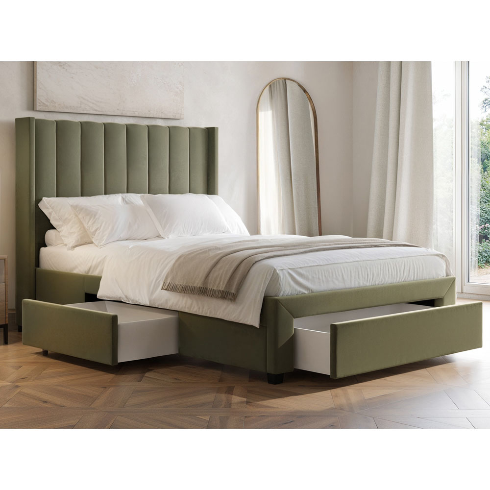 Flair Tiggy King Size Khaki Velvet Storage Bed with Winged Headboard Image 4