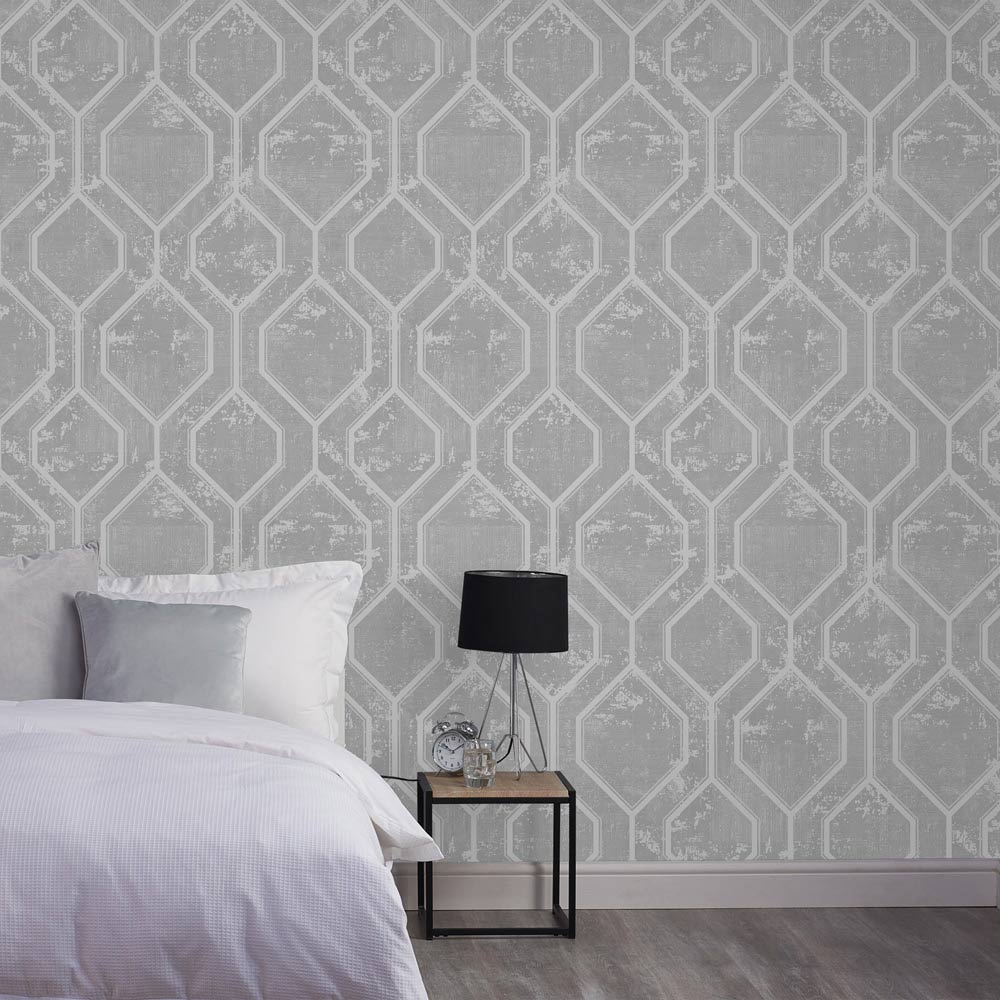 Superfresco Colours Armature Geometric Grey and Silver Wallpaper Image 4