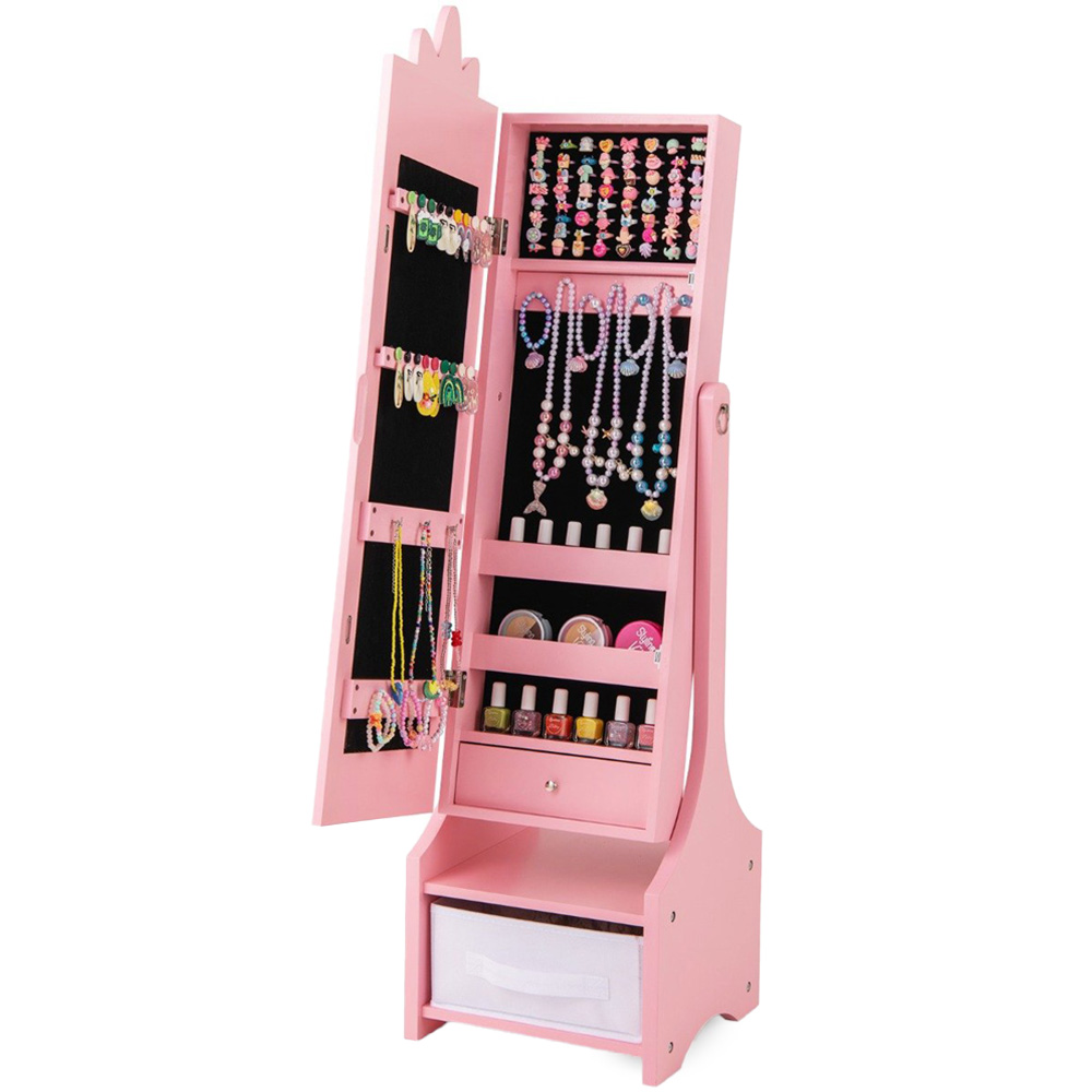 Costway Single Drawer Pink Kids Jewellery Cabinet with Full-Length Mirror Image 1
