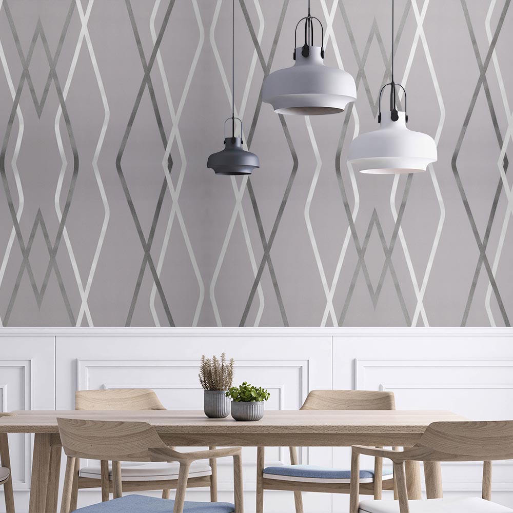 Living and Home Geometric Curves Grey Textured Non Woven Wallpaper Image 8
