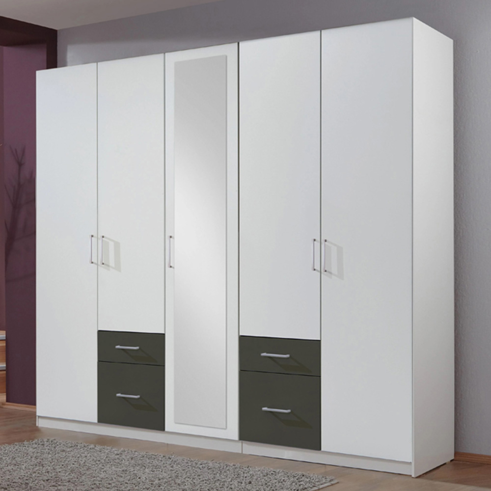 TJ'S Durham 5 Door 4 Drawer White and Graphite Mirrored Wardrobe Image 1