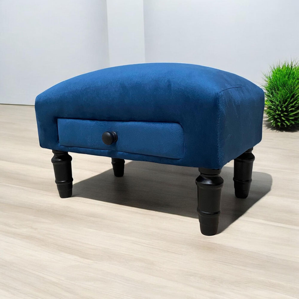 Acacia Home Single Drawer Blue Velvet Footstool Image 4