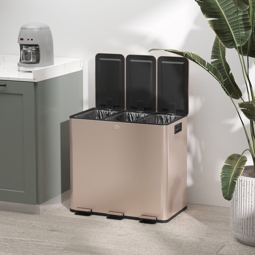 HOMCOM Gold Tone Triple Kitchen Bin Pedal Bin 45L Image 3