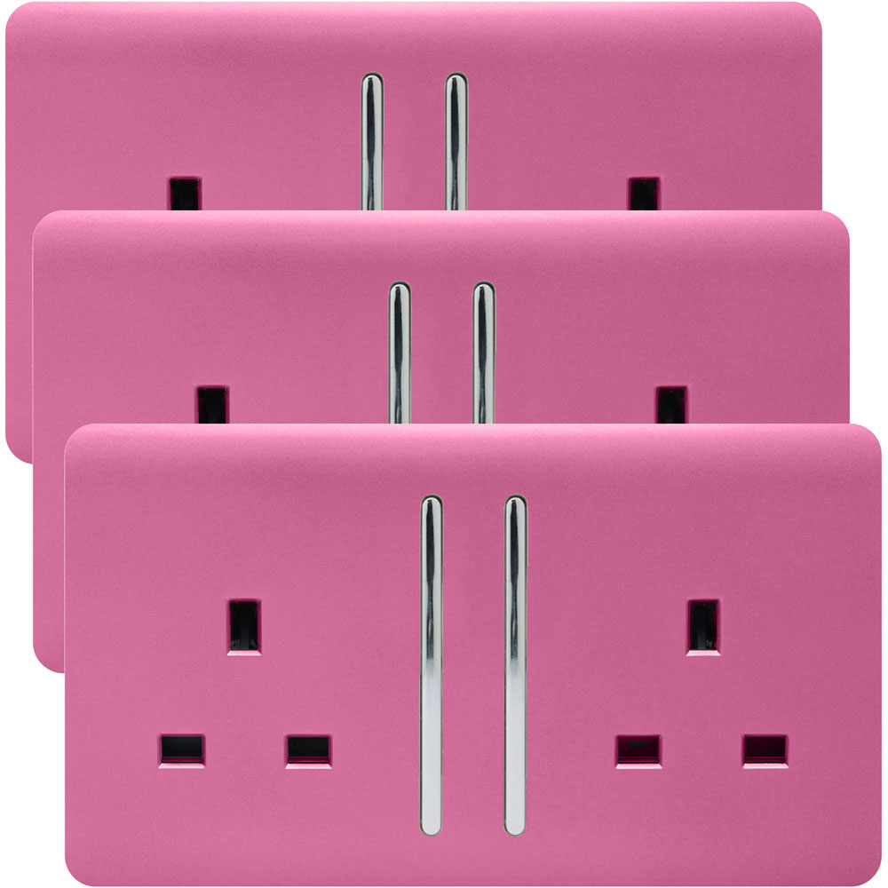 Trendi Switch 2 Gang 13amp Candy Pink Long Switched Plug Socket 3 Pack Image 1