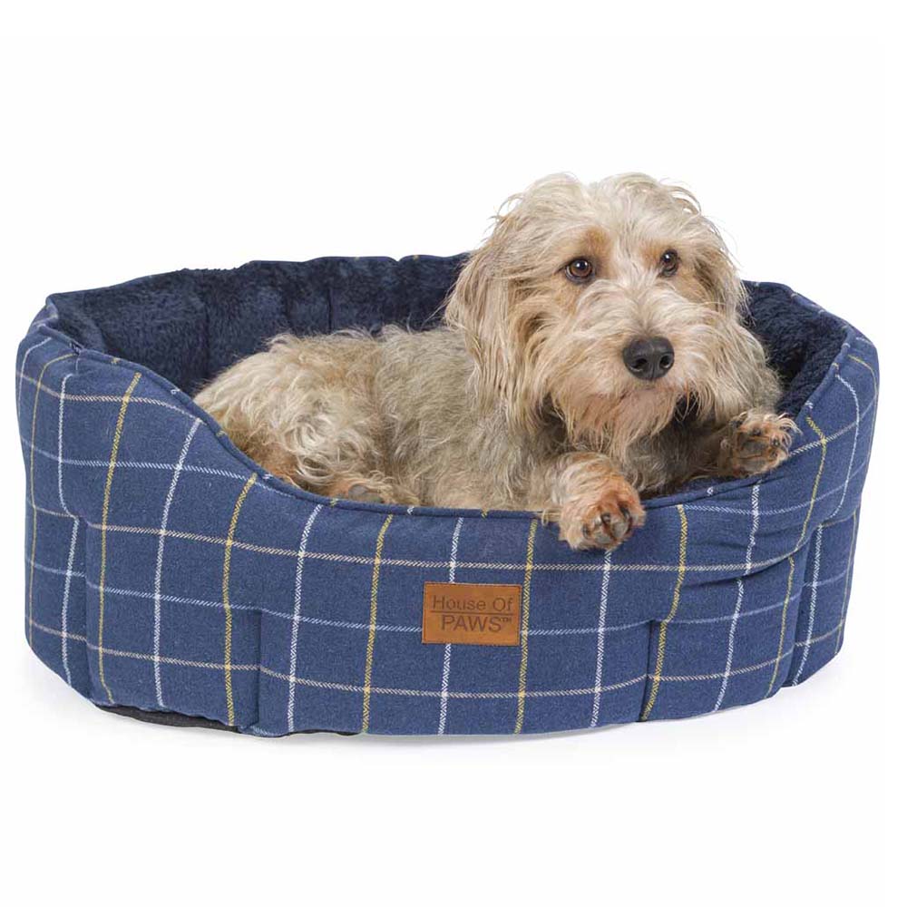 House Of Paws Navy Check Tweed Oval Snuggle Dog Bed Medium Image 3