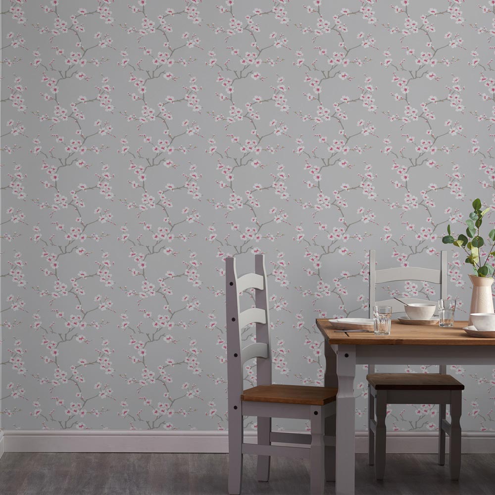 Fresco Apple Blossom Grey and Pink Wallpaper Image 4