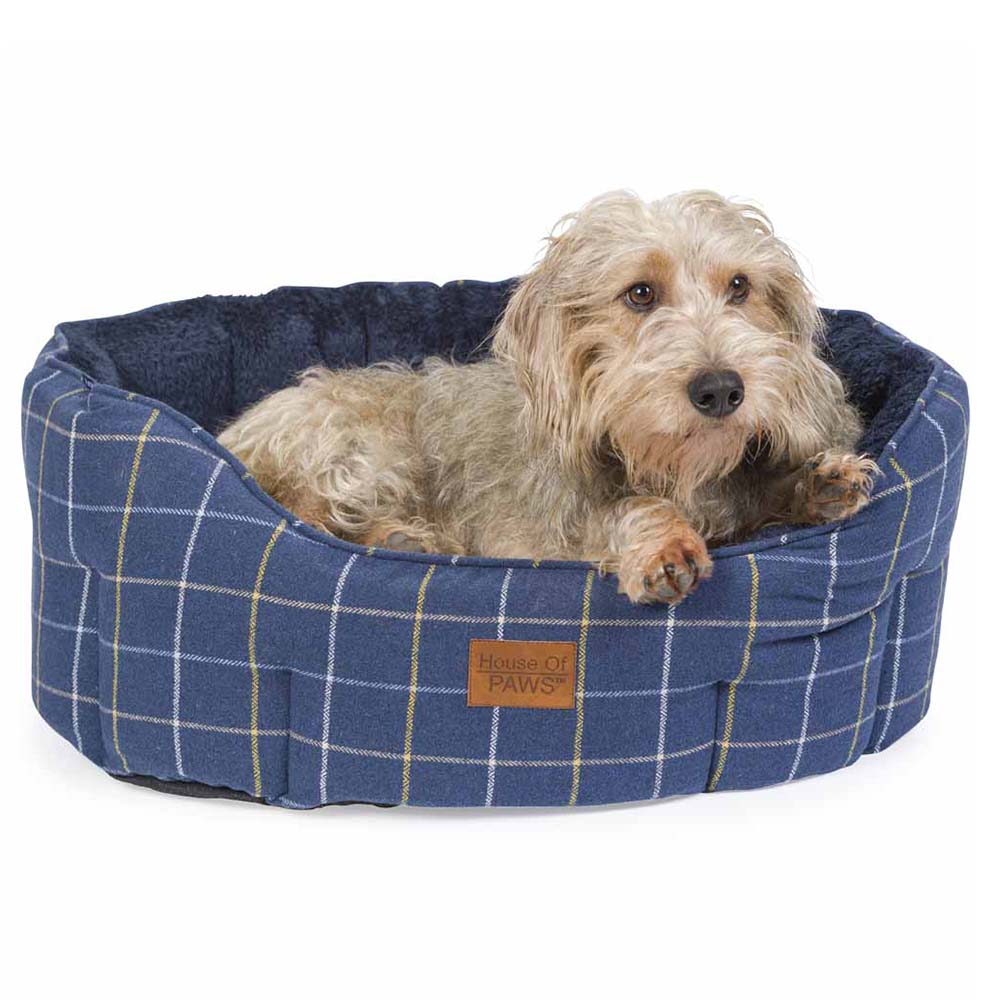 House Of Paws Navy Check Tweed Oval Snuggle Dog Bed Large Image 3