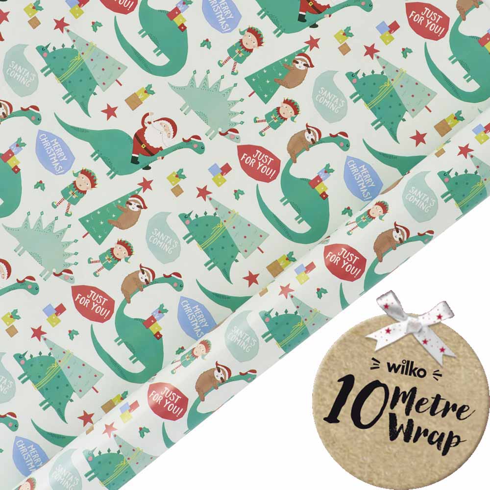 Wilko 10m Festive Fiesta Dinosaur Christmas Wrapping Paper Image 1
