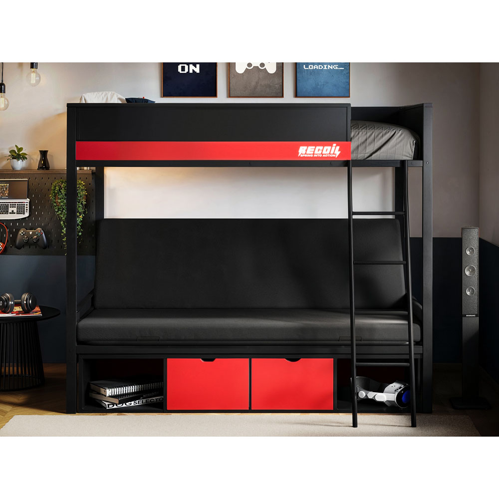 Flair Nova Black and Red Storage Gaming Metal Bunk Bed with Futon Image 4
