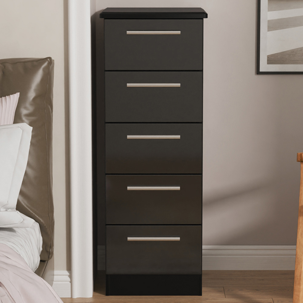 Crowndale Knightsbridge 5 Drawer Black Gloss and Black Tall Bedside Cabinet Ready Assembled Image 1