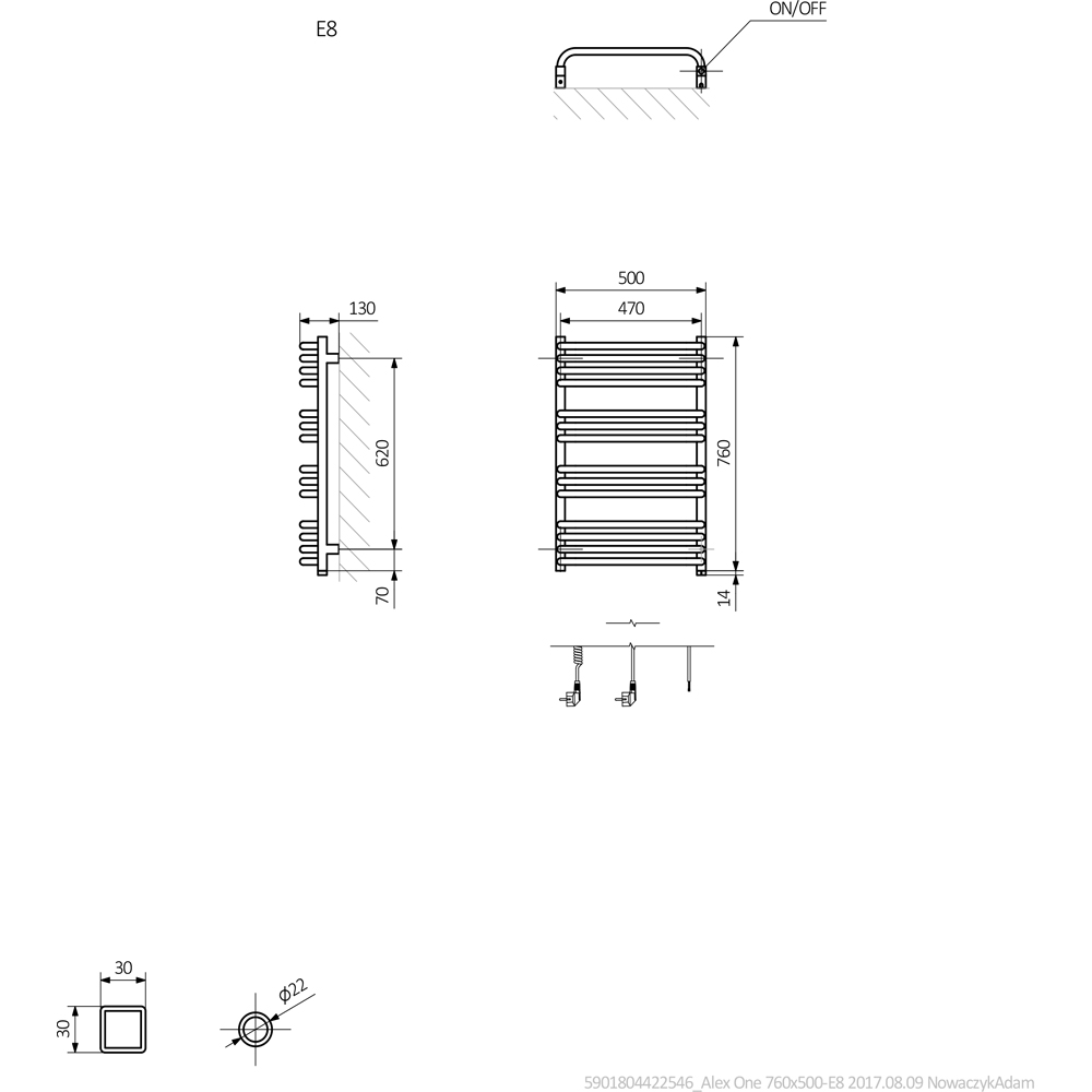 Terma Alex One 1364BTU Modern Grey Electric Towel Rail 760 x 500mm Image 9