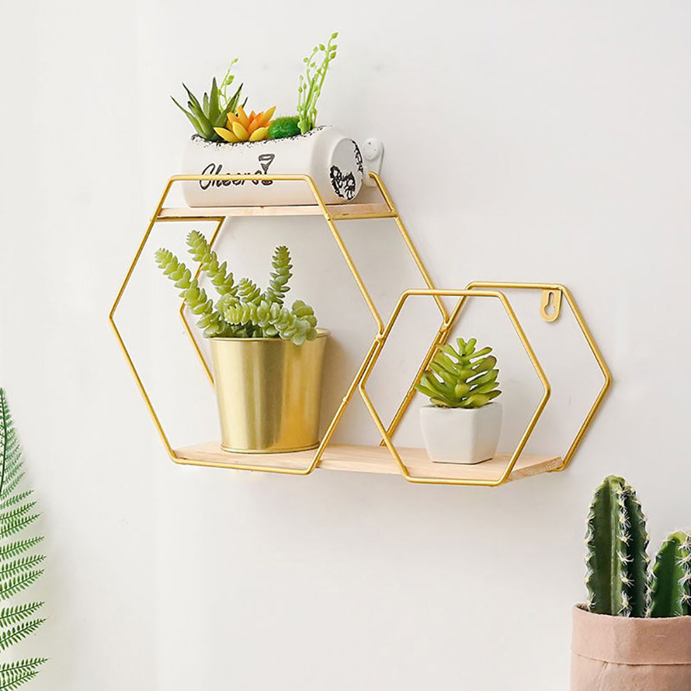 Living and Home 2 Tier Gold Framed Wall Hanging Floating Hexagonal Wall Shelf Image 2