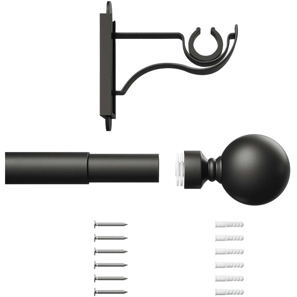 Rothley 125-216cm Matt Black Extendable Solid Orb Finials Curtain Pole Image 3