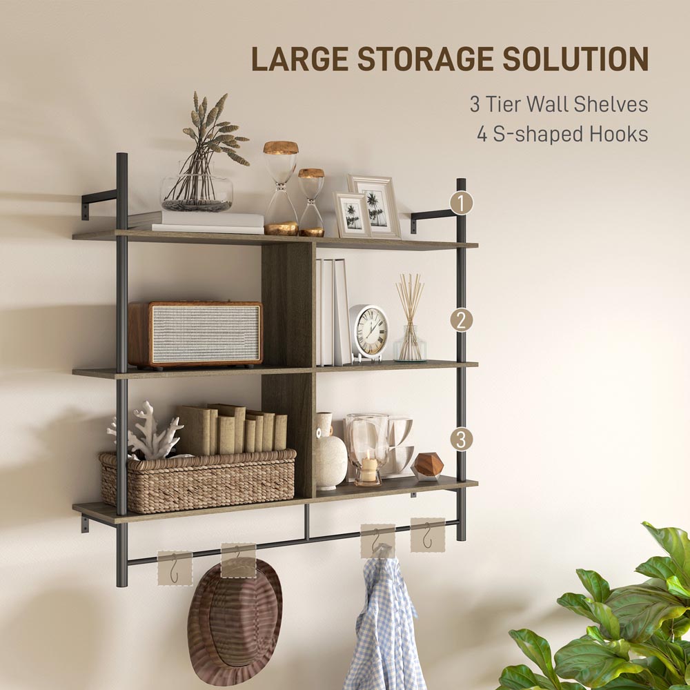 Portland 3 Shelf Grey Wood Effect Wall Unit with 4 Hooks Image 7