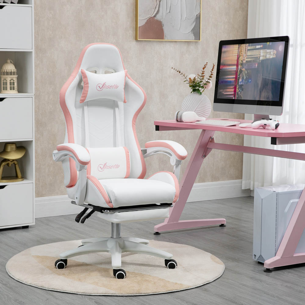 Portland White and Pink PU Leather Recliner Gaming Chair Image 1