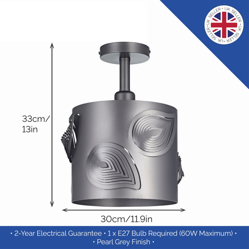 Happy Homewares Pearl Grey Semi Flush Ceiling Light with Laser Cut Leaves Image 5