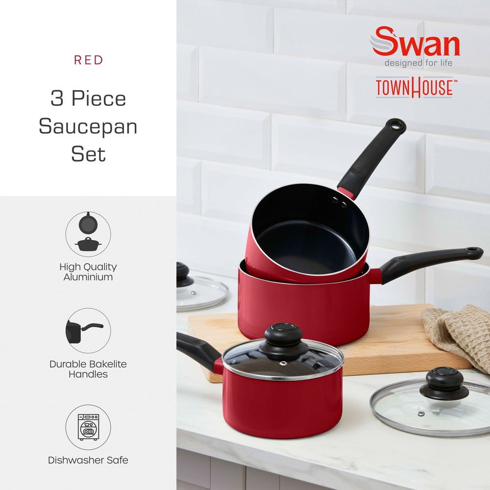 Swan Townhouse 3 Piece Red Aluminium Non-Stick Saucepan Set Image 2