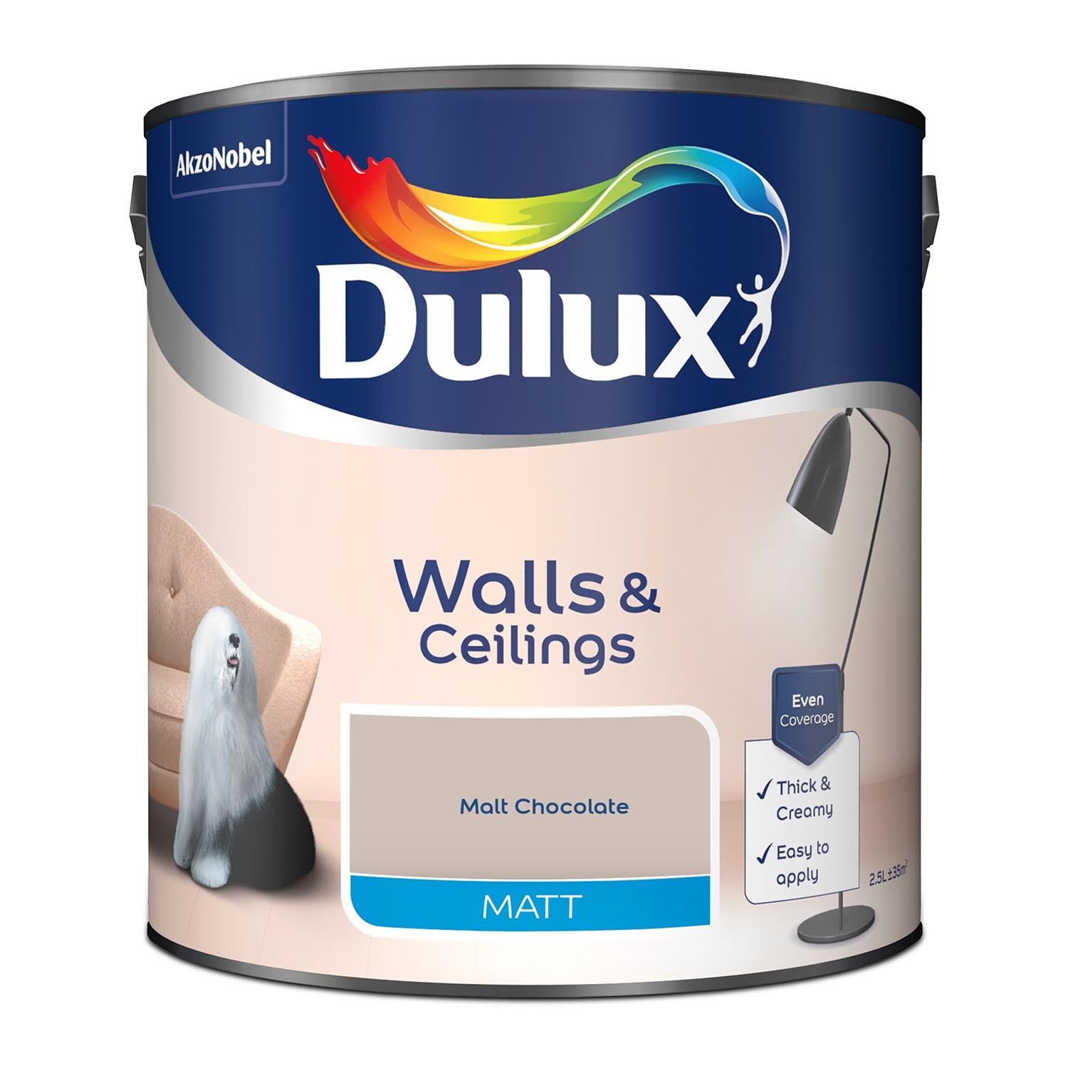 Dulux Walls and Ceilings Malt Chocolate Matt Emulsion Paint 2.5L Image 2