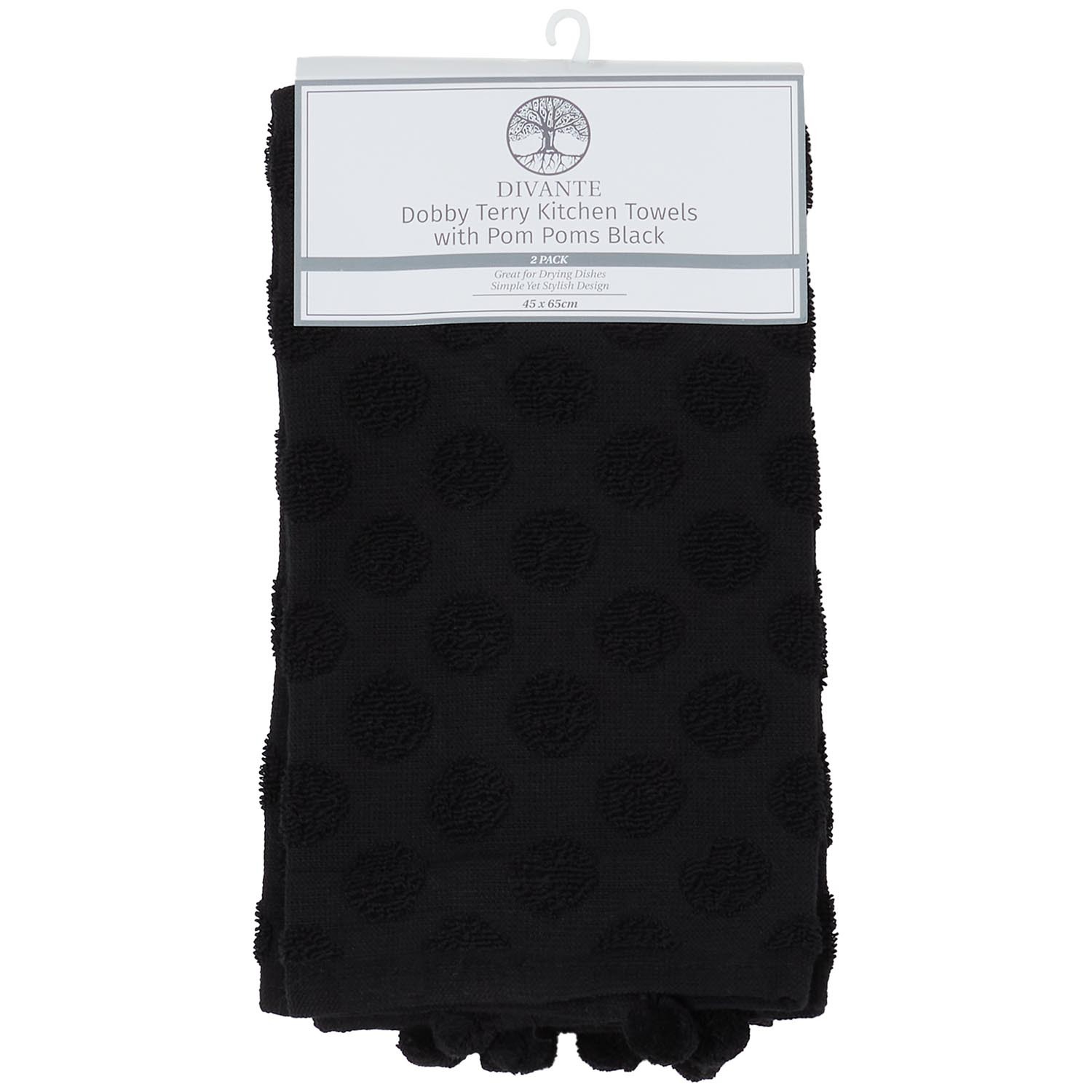 Divante Pack of 2 Dobby Terry Kitchen Towels with Pom Poms - Black Image 1