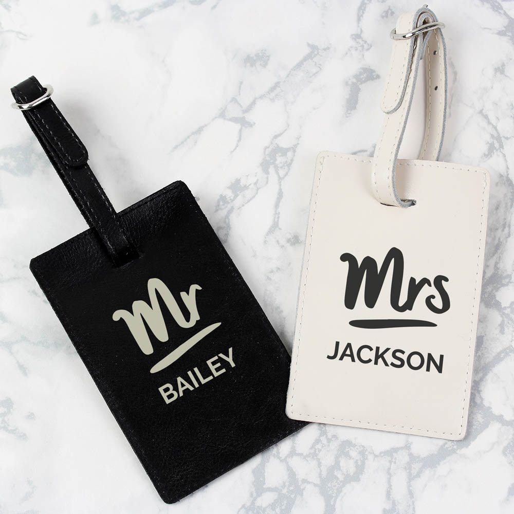 Personalised Memento Personalised Mr and Mrs Black and Cream Luggage Tag Set Image 2