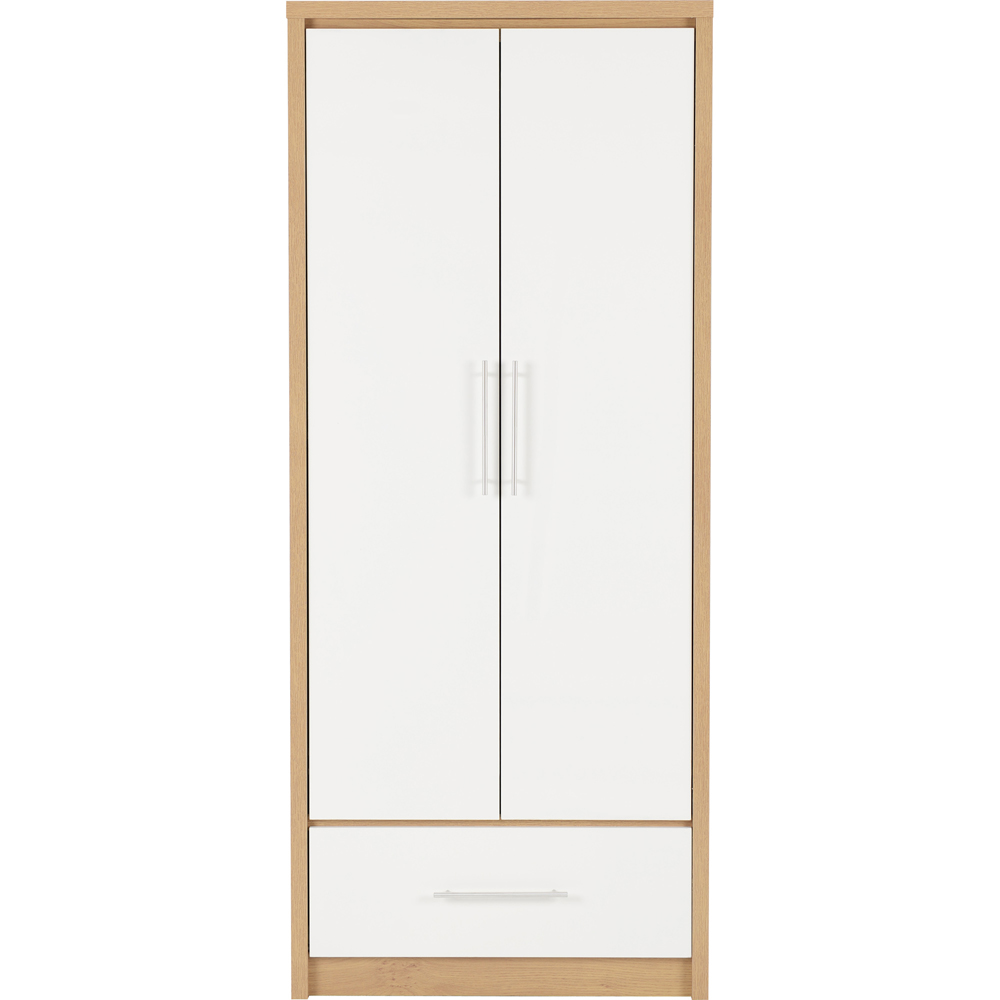 Seconique Seville 2 Door Single Drawer White Gloss Light Oak Effect Veneer Wardrobe Image 3